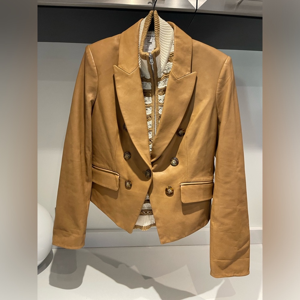 $268 NWT Veronica Beard Ariana Dickey Jacket insert dual zip tan white stripe - Picture 9 of 10